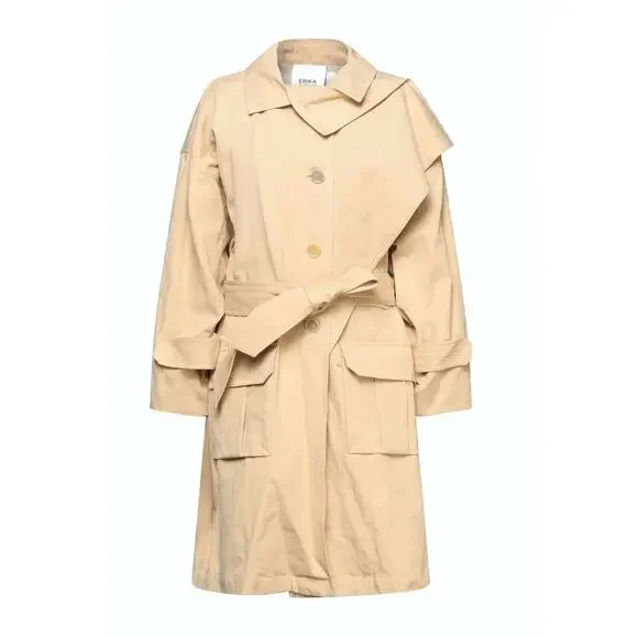 E0 NWT ERIKA CAVALLINI Cotton Linen Blend Self Belted Long Trench Coat Size 44 - Picture 6 of 10